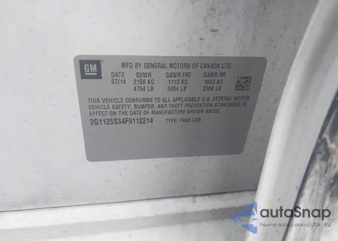 2015 Chevrolet Impala 2Lt z USA, uszkodzony, nr VIN 2G1125S34F9112214